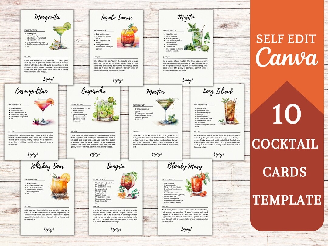 10 Cocktail Recipe Cards Canva Template Printable Drink Cards Editable Online Digital Template Cocktail Recipes Bar Restaurant Party Etsy 10 Cocktail Recipe Cards Canva Template Printable Drink Cards Editable Online Digital Template Cocktail Recipes Bar Restaurant Party Etsy