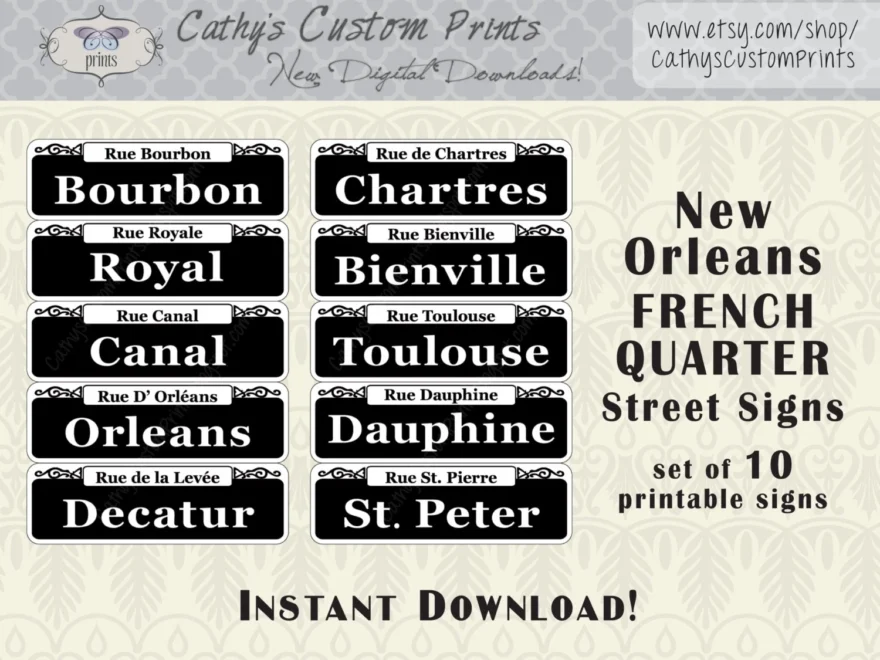 10 New Orleans French Quarter Printable Signs Set Of 10 Printable Bourbon Street Signs Mardi Gras Decor Wedding Decor NOLA Etsy