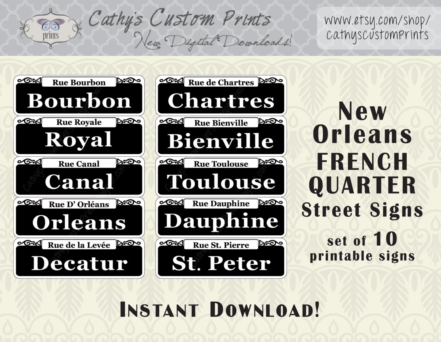 10 New Orleans French Quarter Printable Signs Set Of 10 Printable Bourbon Street Signs Mardi Gras Decor Wedding Decor NOLA Etsy