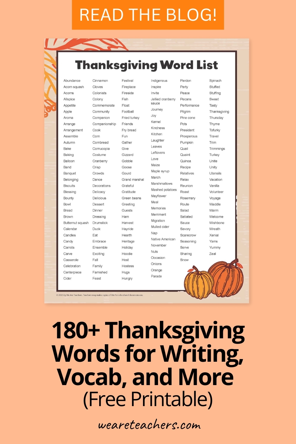 180 Thanksgiving Words List Free Printable 180 Thanksgiving Words List Free Printable