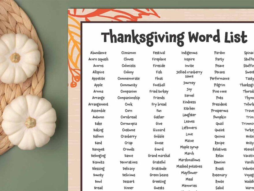 180 Thanksgiving Words List Free Printable
