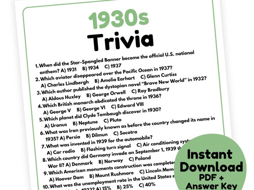 1930s Trivia Game 1930s Game Printable 1930s Party Game For Adults 30s Trivia Game Decades Trivia Game Etsy