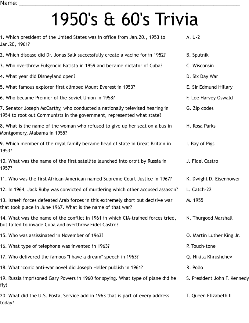 1950 s 60 s Trivia Worksheet WordMint