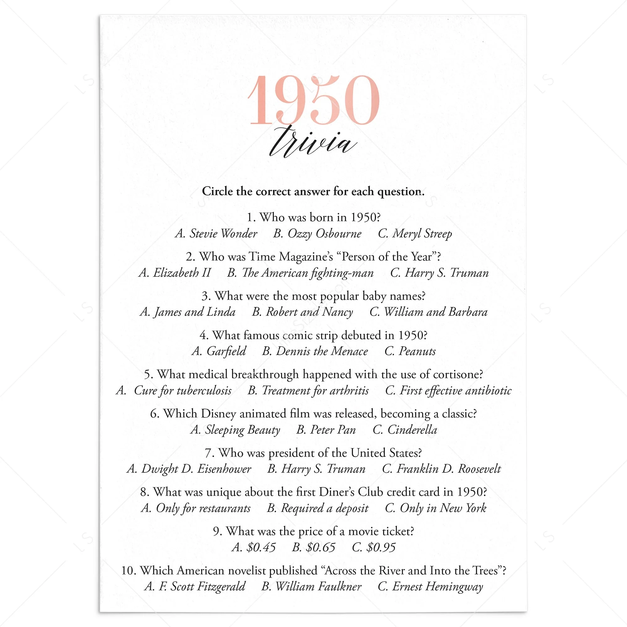 1950 Trivia Questions And Answers Printable Instant Download LittleSizzle 1950 Trivia Questions And Answers Printable Instant Download LittleSizzle