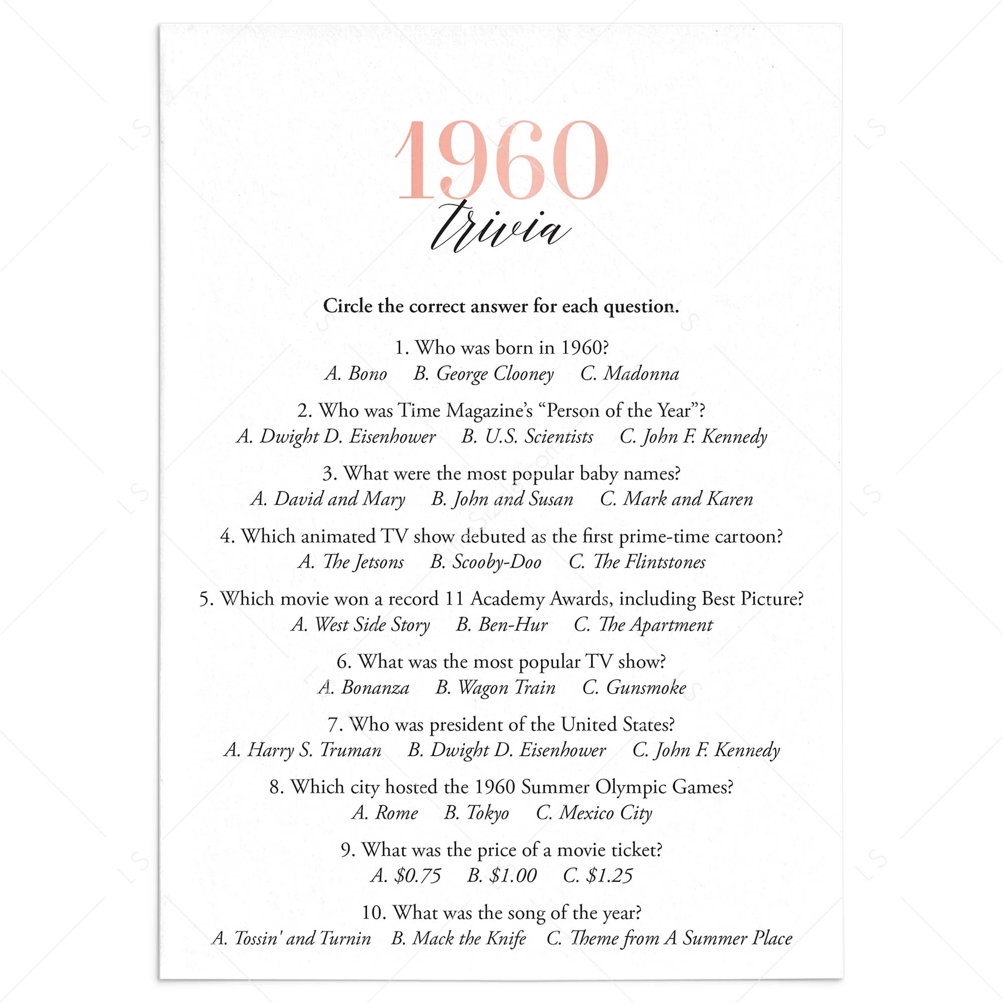 1960 Trivia Questions And Answers Printable Instant Download LittleSizzle