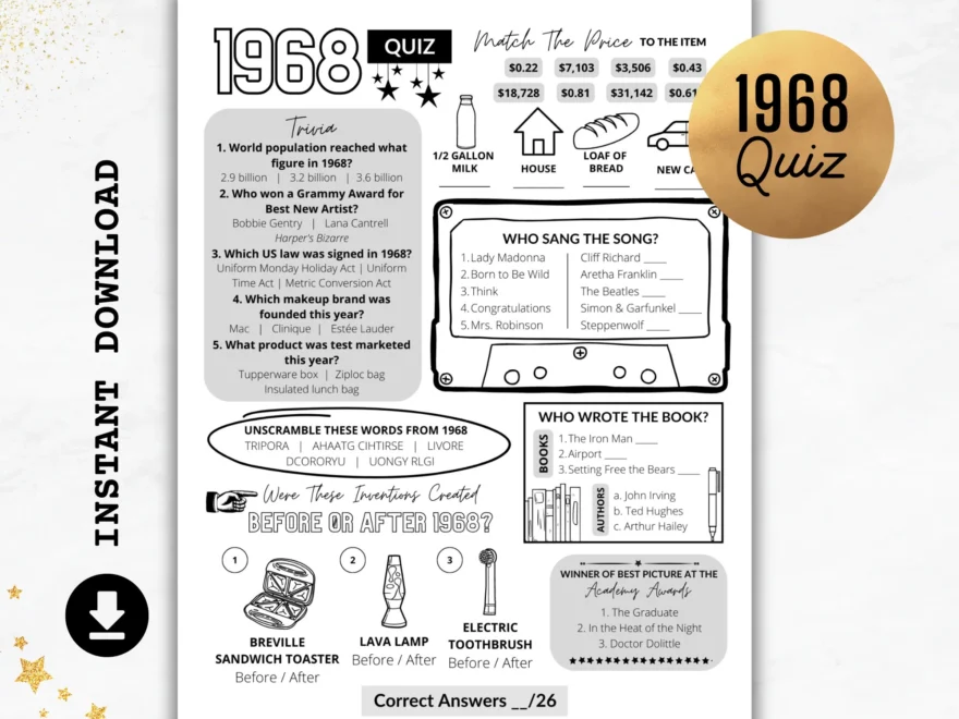 1968 Quiz Born In 1968 Print Trivia Printable 57th Birthday Party Games Anniversary Quiz 1968 Party Quiz Instant Download US UK Etsy