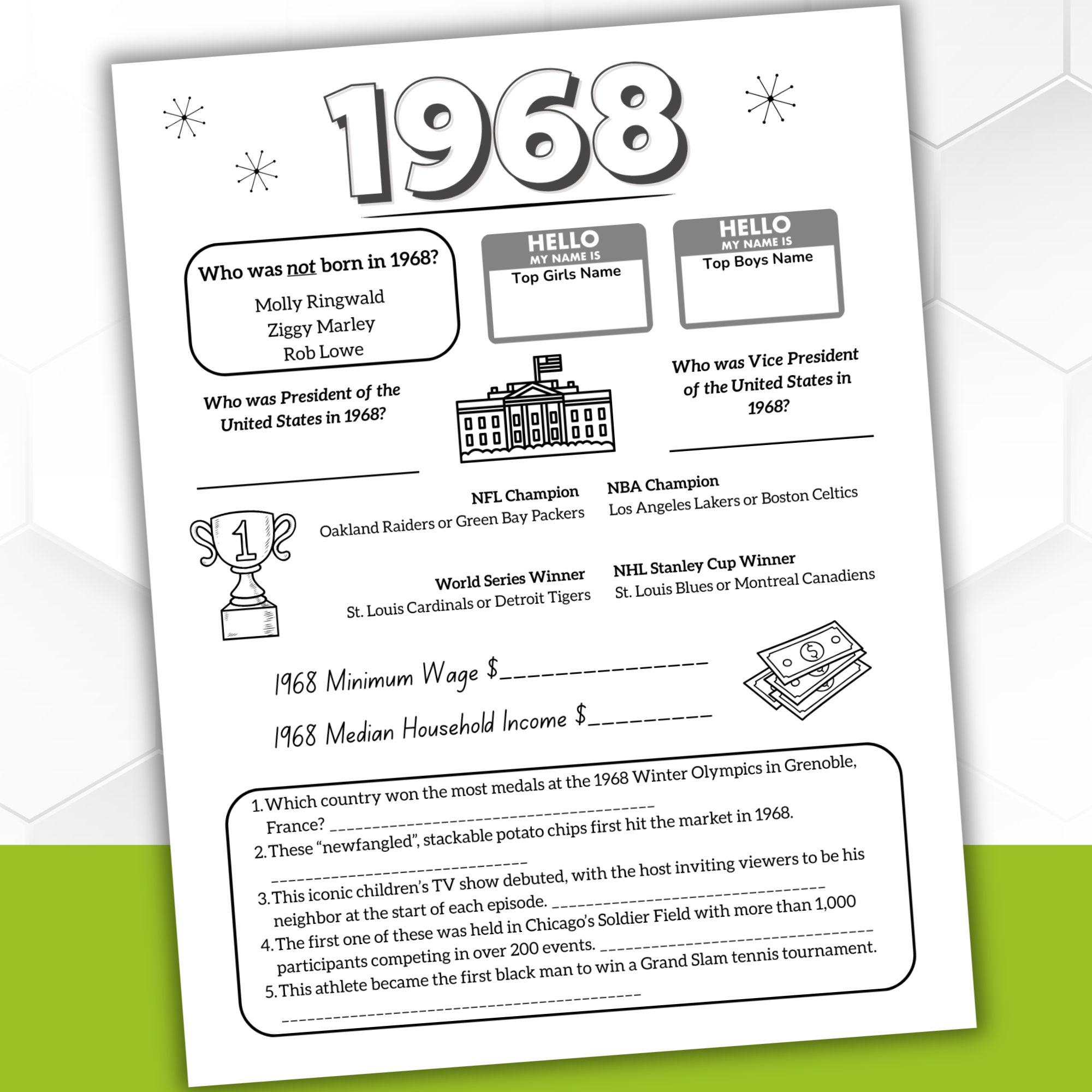 1968 Trivia Quiz Printable 1968 Trivia Quiz Printable