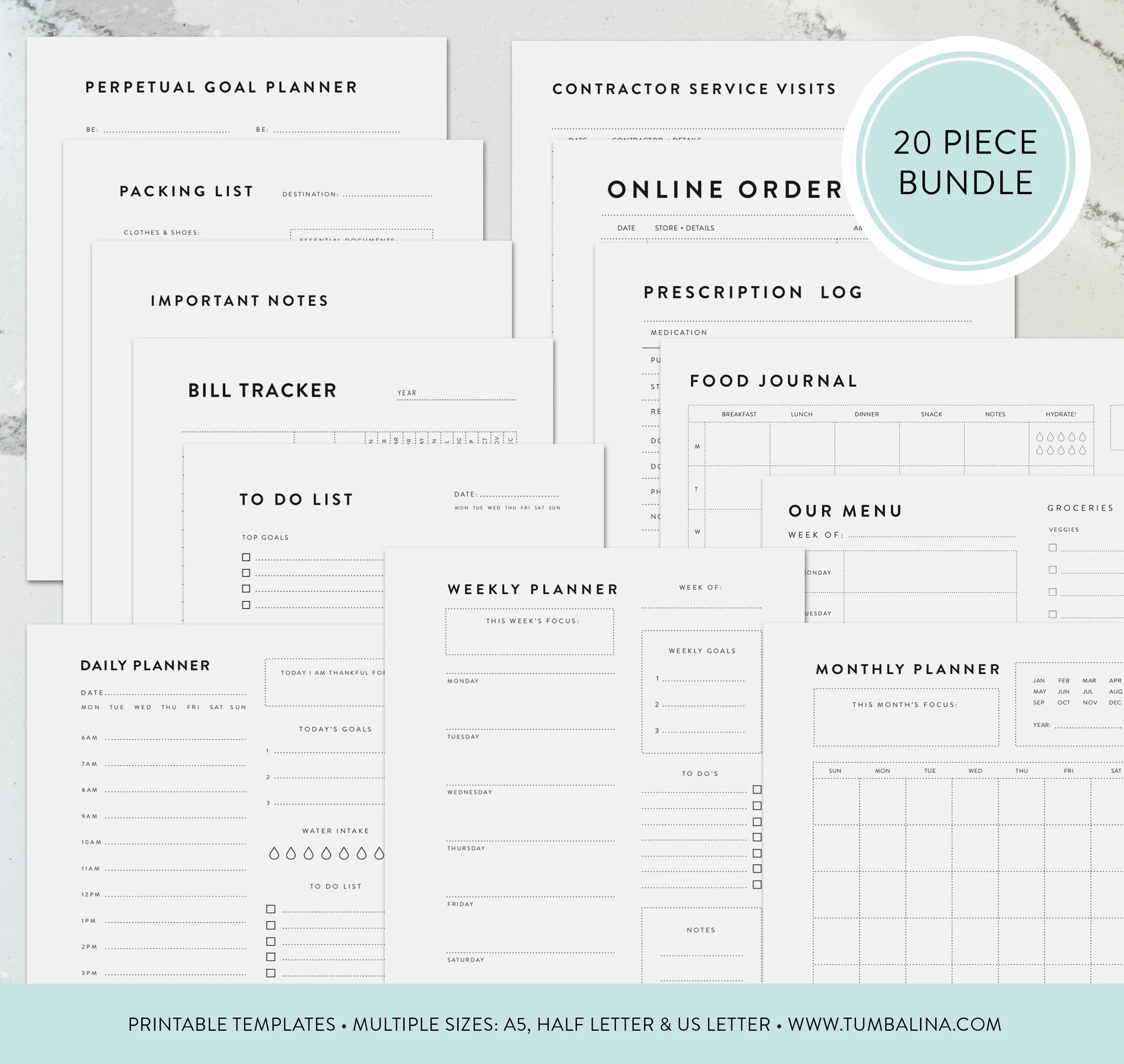 20 Piece Bundle Set Minimalist Printable Planners Tumbalina