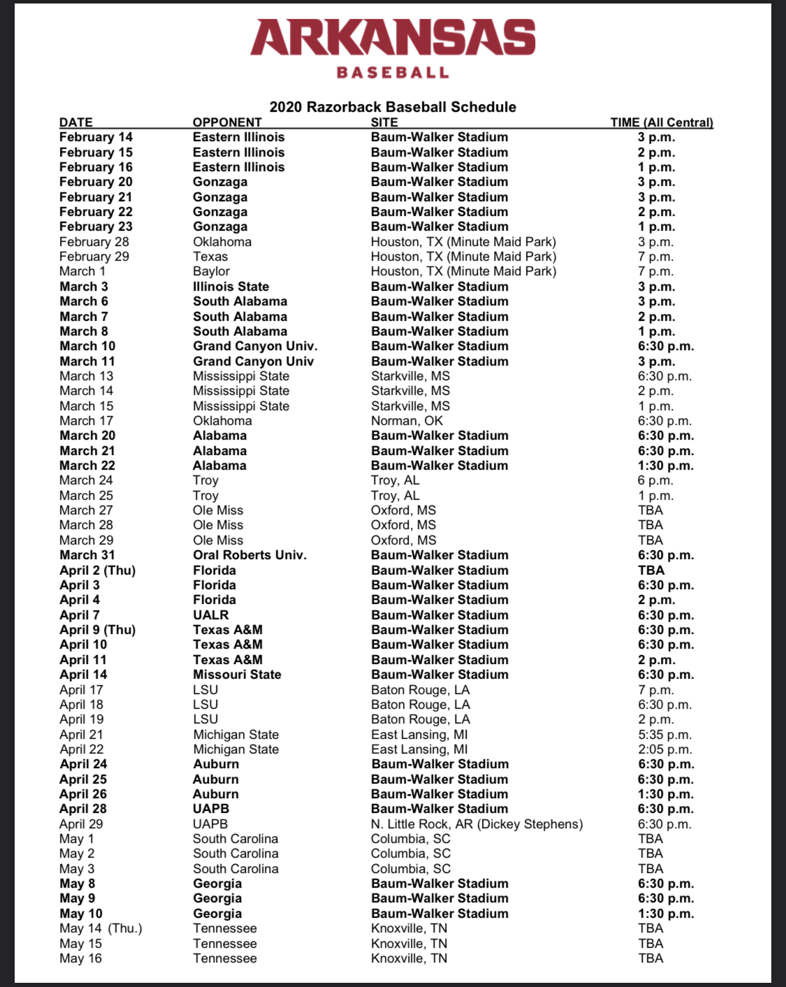 2020 Arkansas Baseball Schedule R razorbacks