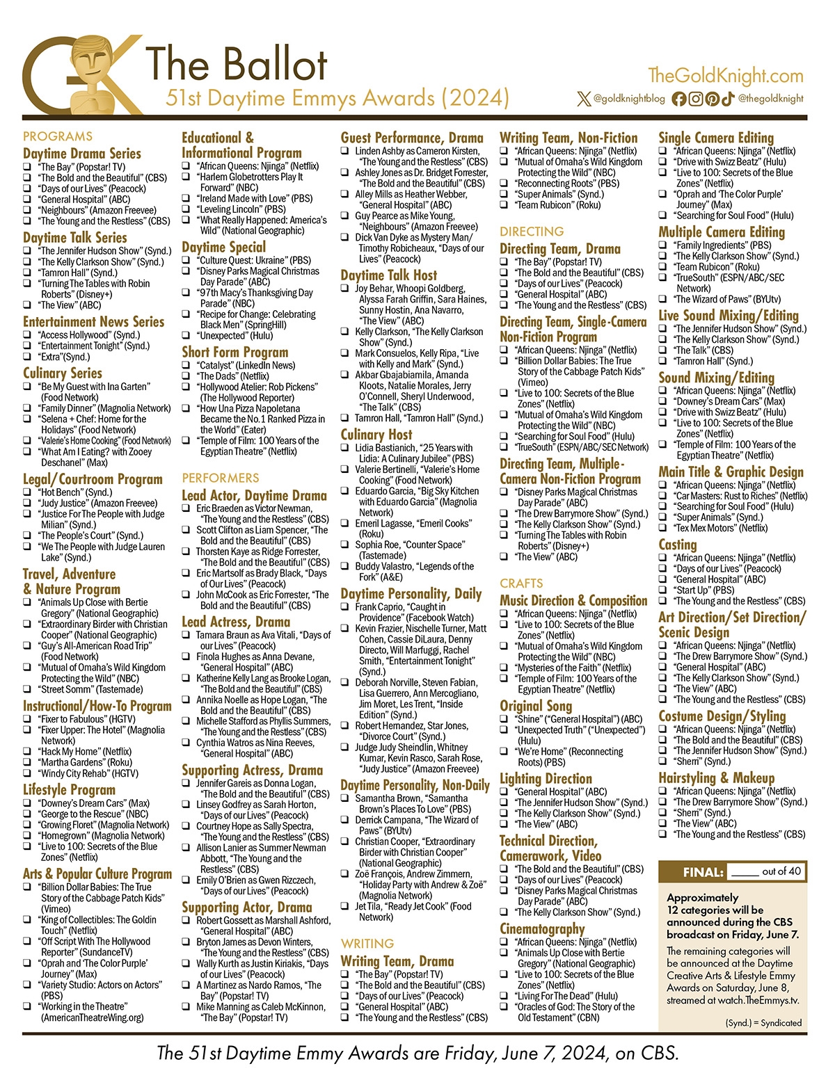 Emmy Nominations 2026 List Printable
