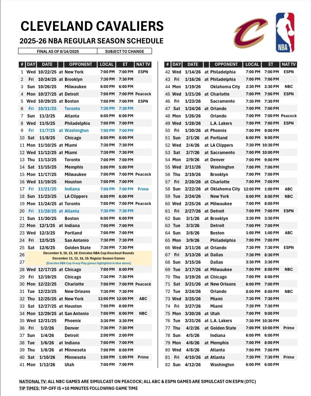Cleveland Cavaliers Schedule Printable Cleveland Cavaliers Schedule Printable