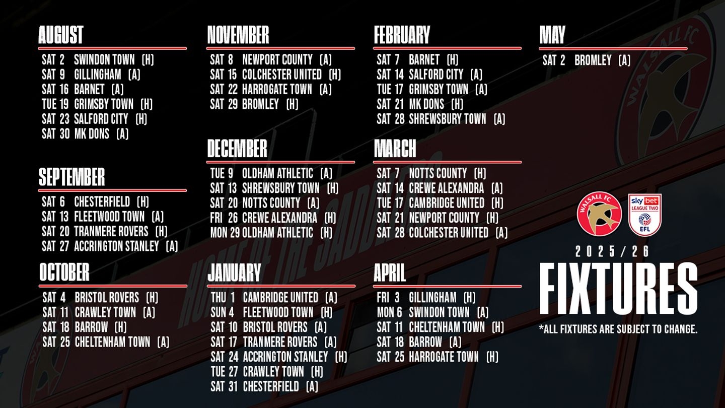 2025 26 Sky Bet League Two Fixtures Revealed Official Website Of Walsall Football Club 2025 26 Sky Bet League Two Fixtures Revealed Official Website Of Walsall Football Club