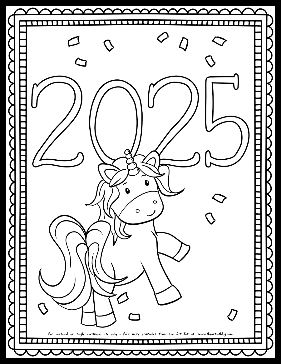 2025 New Year Unicorn Coloring Page Free Printable The Art Kit