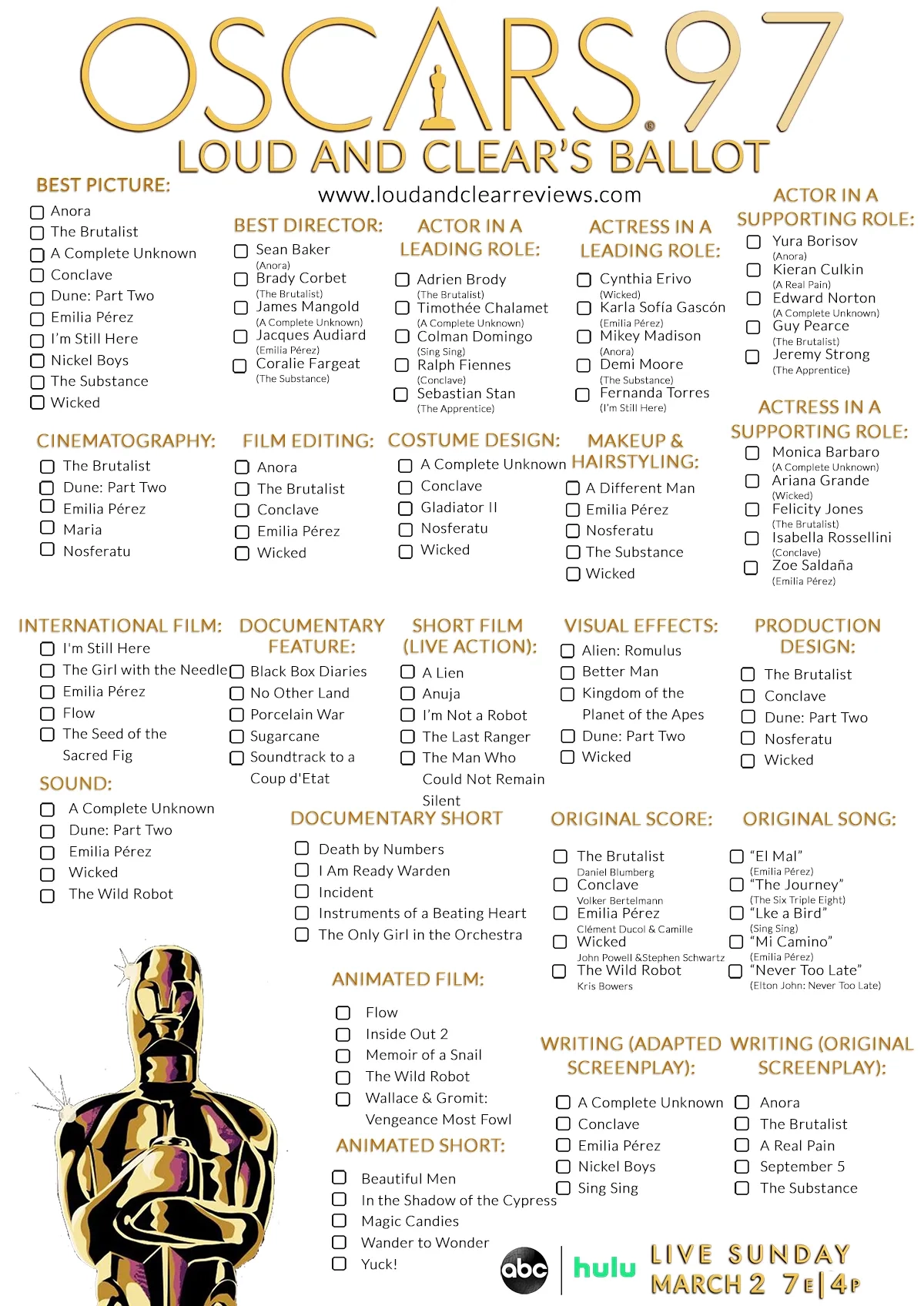 2025 Oscars Download Our Printable Ballot Sheet Loud And Clear Reviews