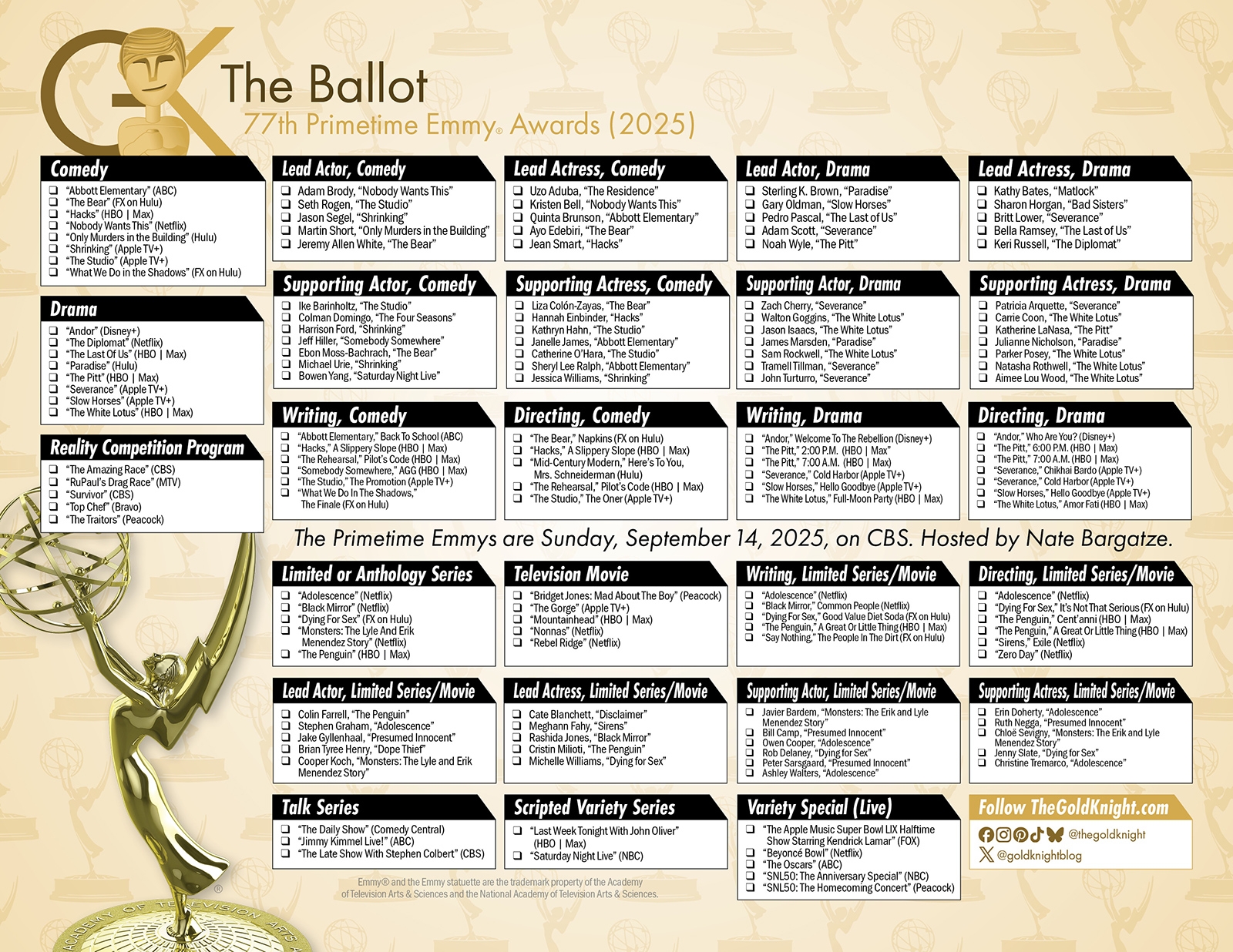 2025 Primetime Emmy Awards Printable Ballot The Gold Knight Latest Academy Awards News And Insight