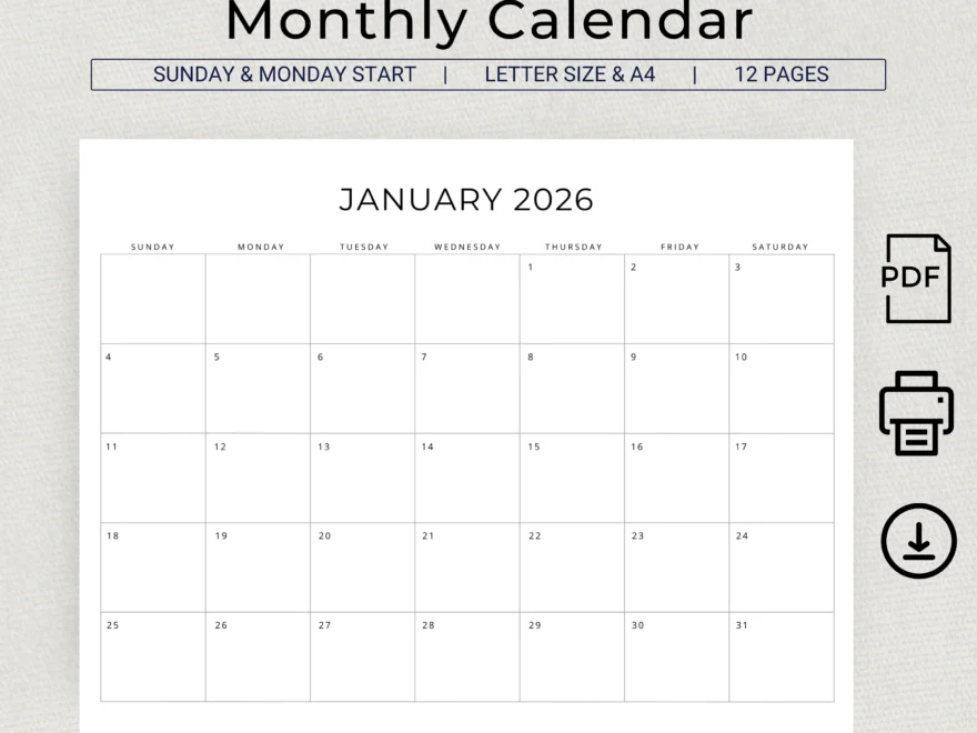 2026 Monthly Calendar PRINTABLE 2026 Monthly Planner Landscape 2026 Minimal Calendar A4 Letter Size Sunday Monday Start PDF Download Etsy