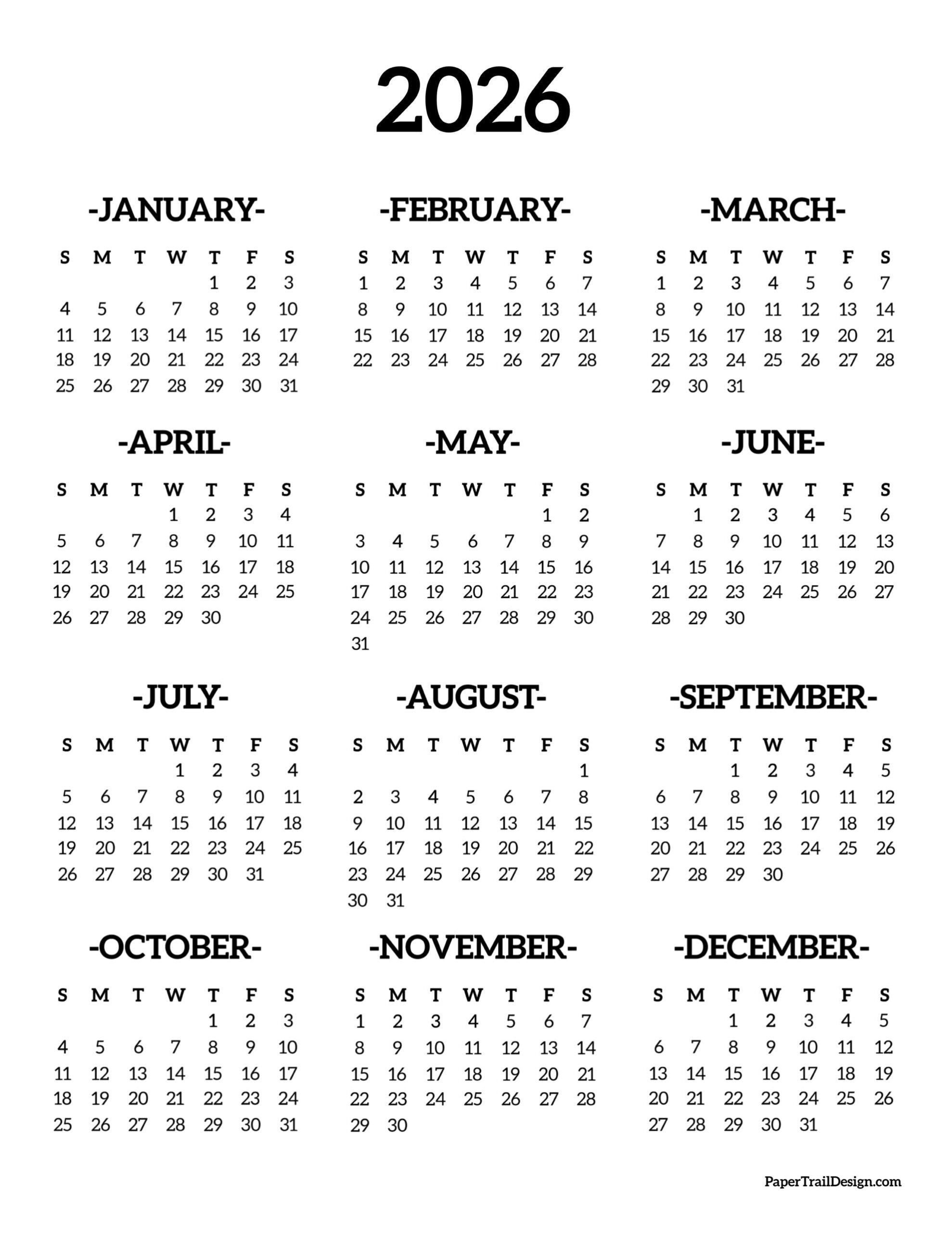 2026 Printable Calendar One Page Paper Trail Design 2026 Printable Calendar One Page Paper Trail Design