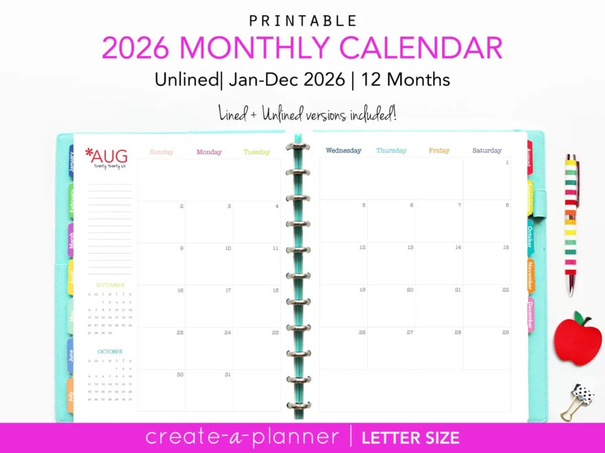 2026 Unlined Calendar Printable Planner Inserts PDF Download 2 Page Spread Monthly Agenda Big Happy Planner Etsy