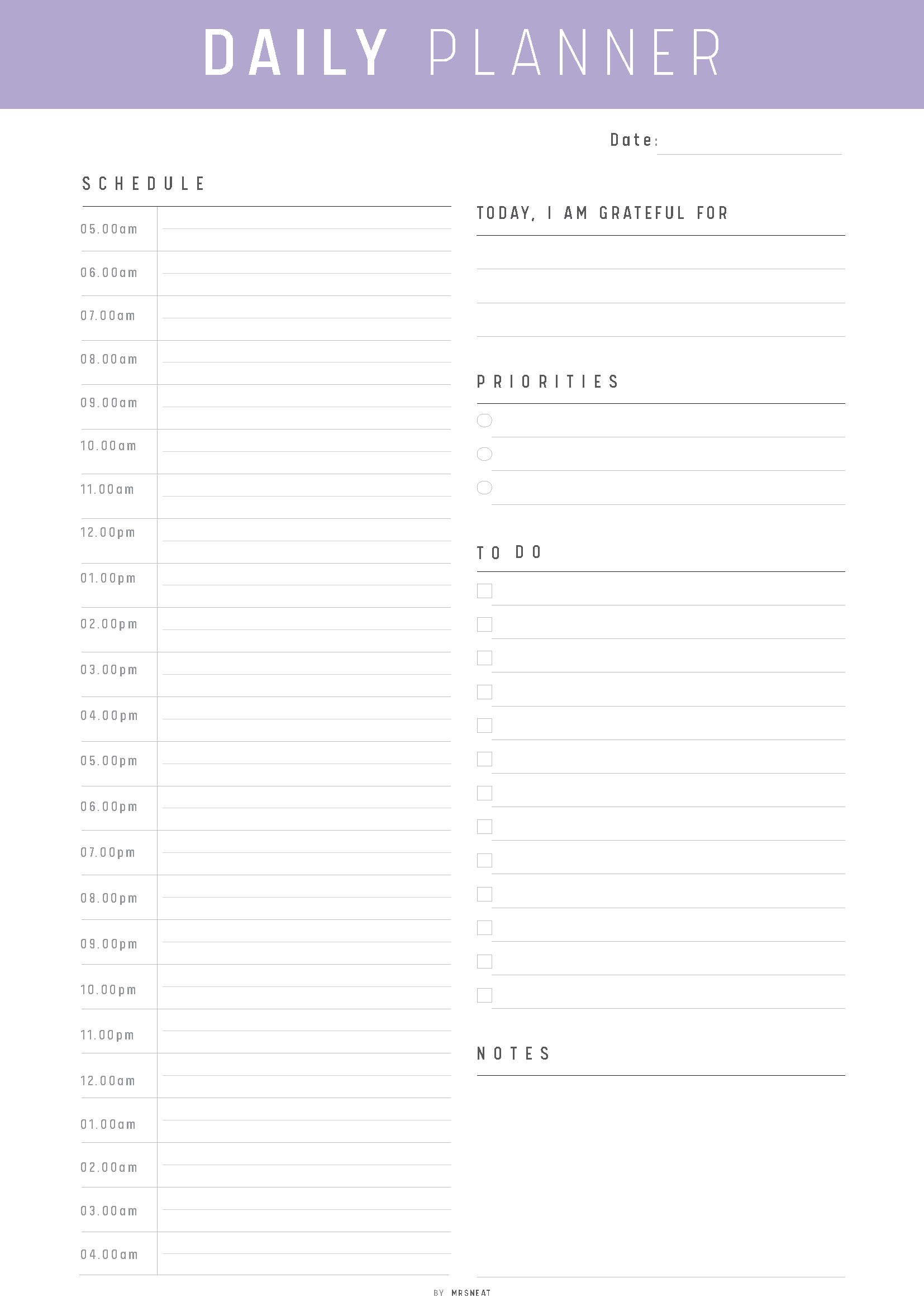 Printable 24 Hr Day Planner