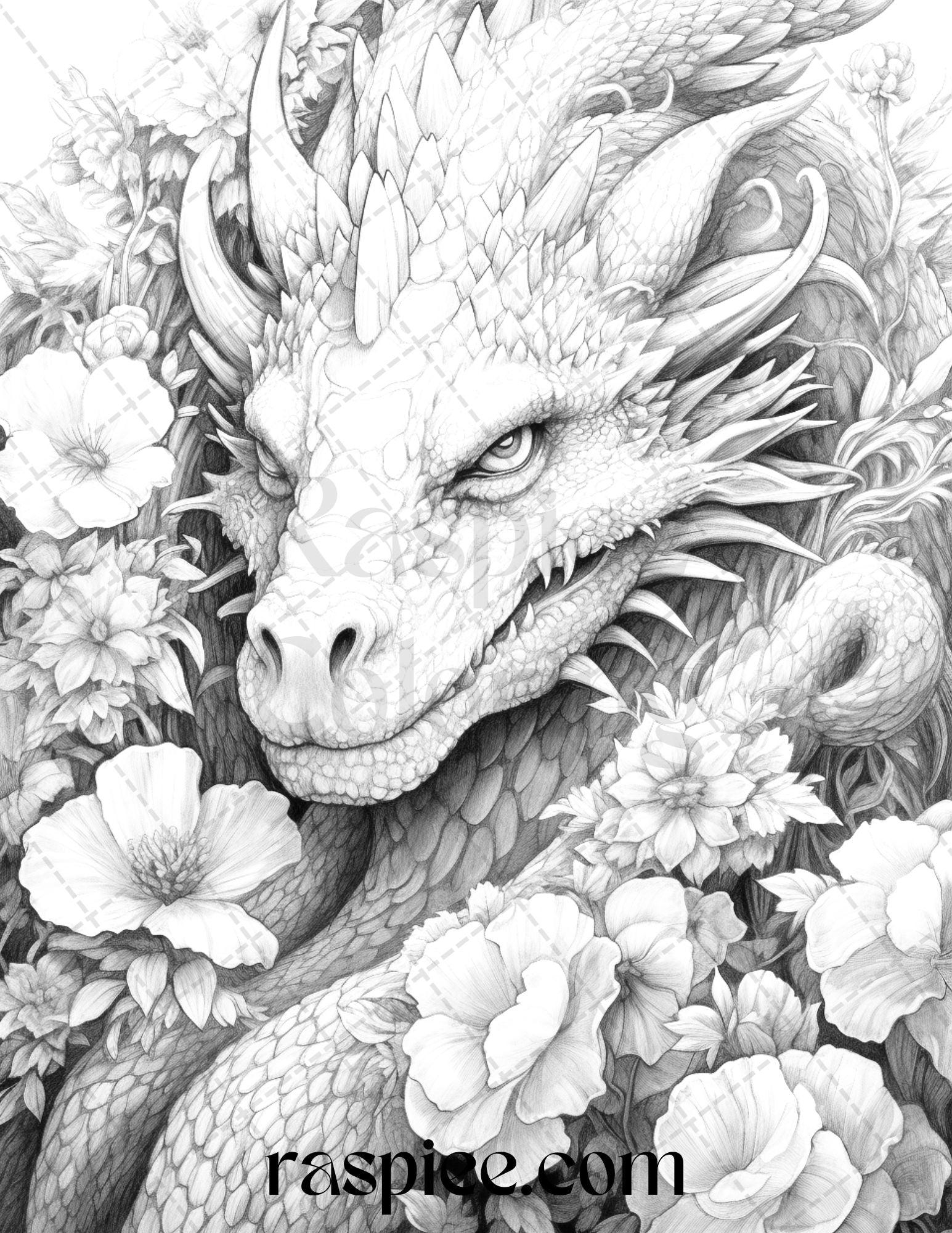 40 Flower Dragon Grayscale Coloring Pages Printable For Adults PDF Fi RASPIEE