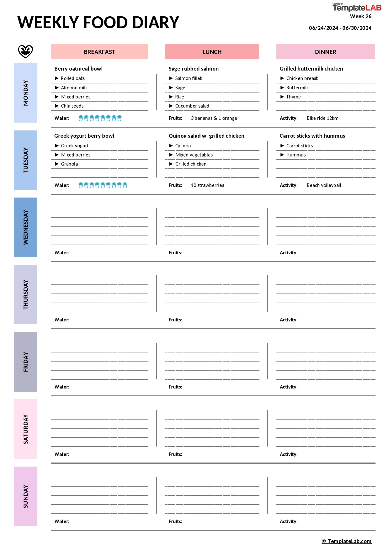 Food Intake Chart Printable