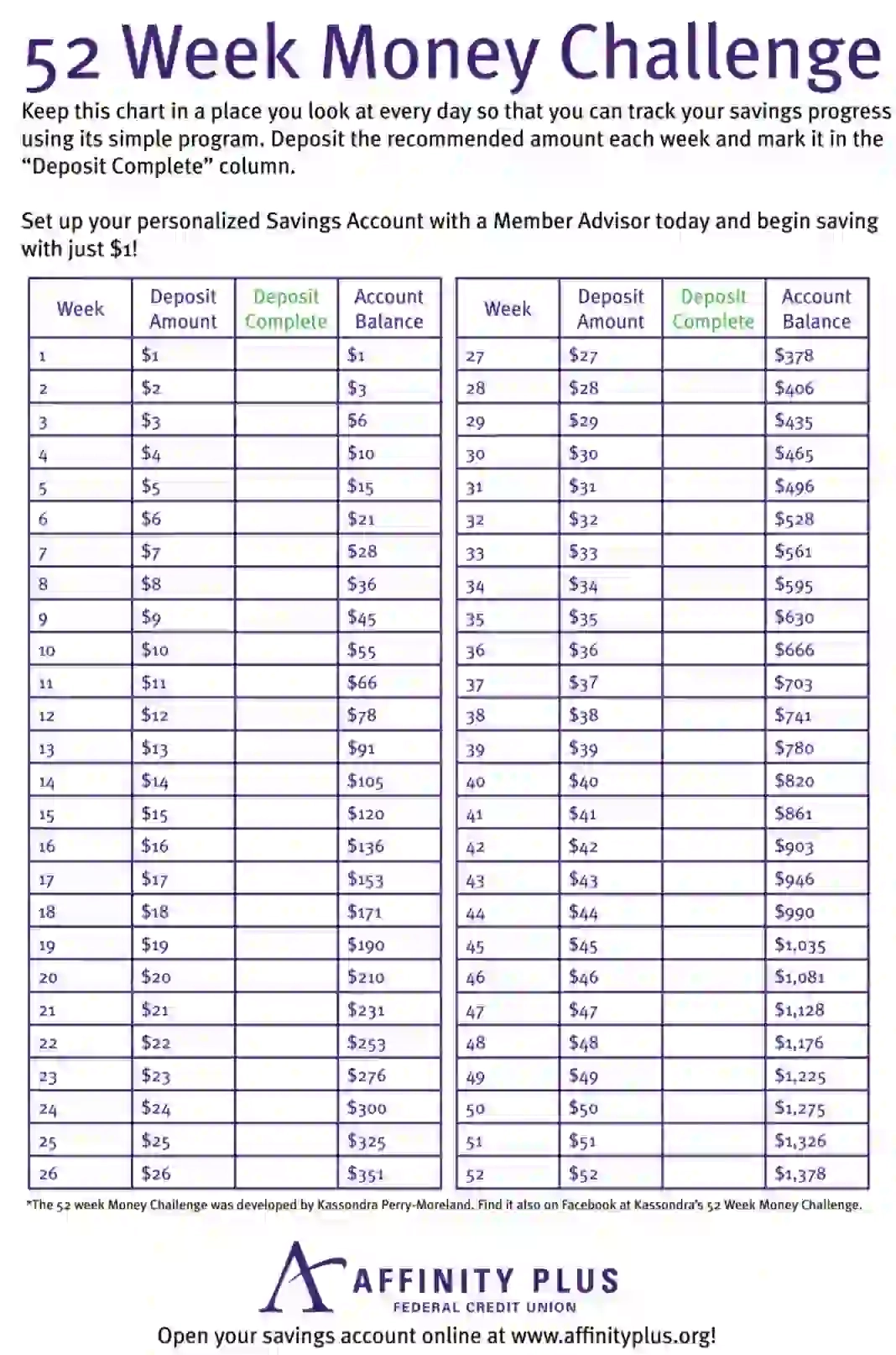52 Week Money Challenge Chart Printable