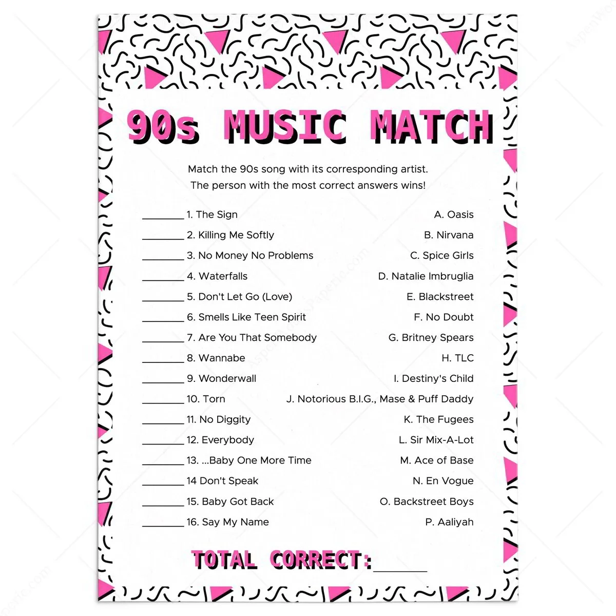 90s List Of Songs Printable