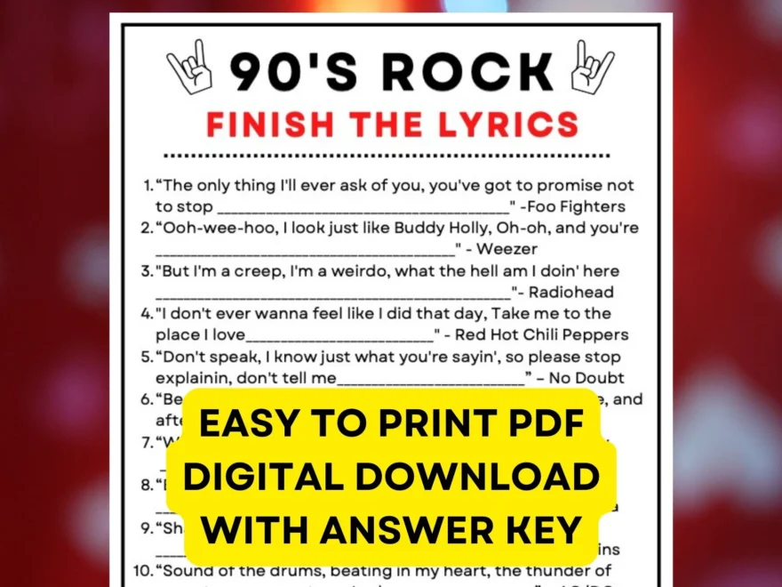 90s Rock Music Game Finish The Lyrics Digital PDF Instant Printable Trivia Game With Answer Key Etsy
