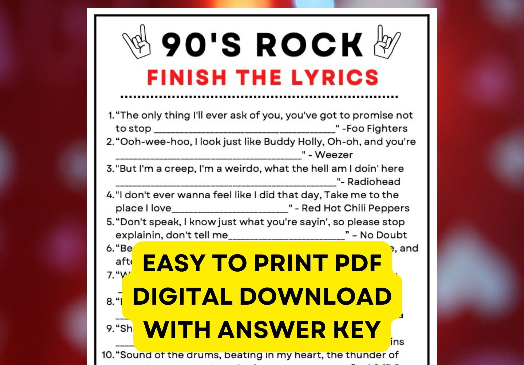 90s Rock Music Game Finish The Lyrics Digital PDF Instant Printable Trivia Game With Answer Key Etsy