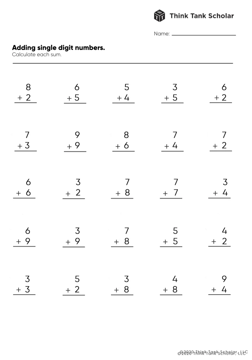 Addition Worksheets Exercises Printable PDF FREE Think Tank Scholar