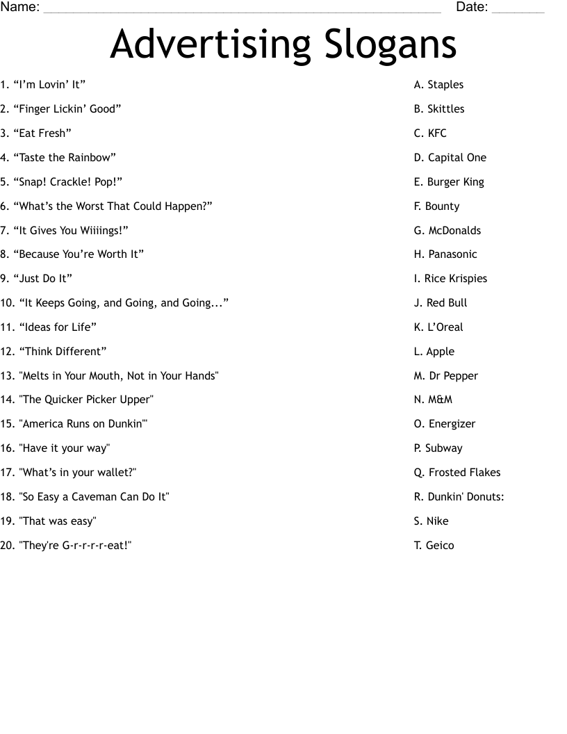 Advertising Slogans Worksheet WordMint Advertising Slogans Worksheet WordMint