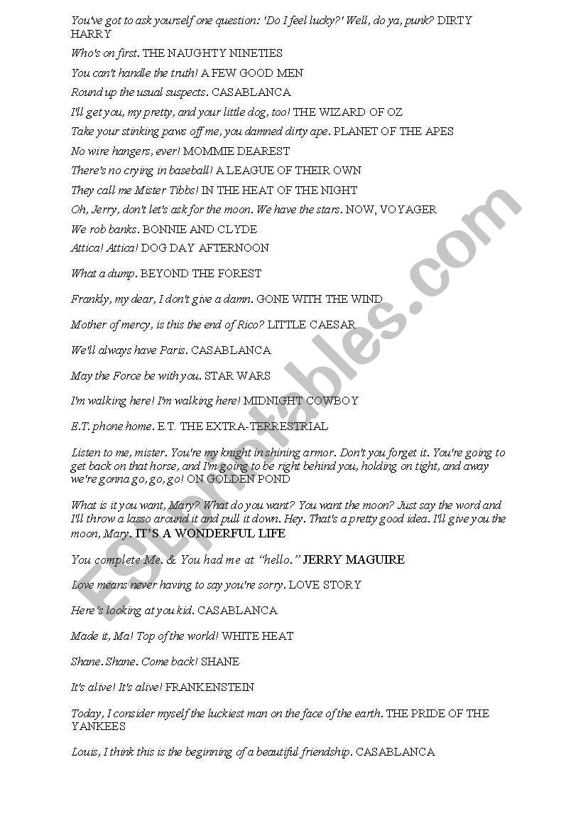 AFi 100 Most Famous Movie Quotes Lesson Plan ESL Worksheet By Katinamarieb