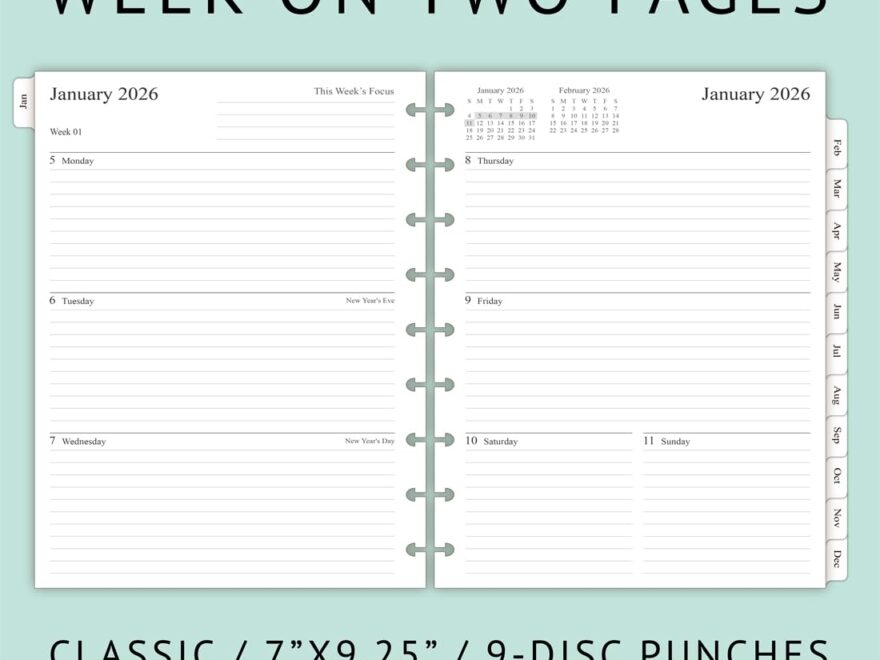 Amazon 2026 Weekly Planner Refills For Happy Planner Classic Notebook 9 Discs Punched Two Pages Per Week Jan 2026 To Dec 2026 7 X 9 1 4 Office Products