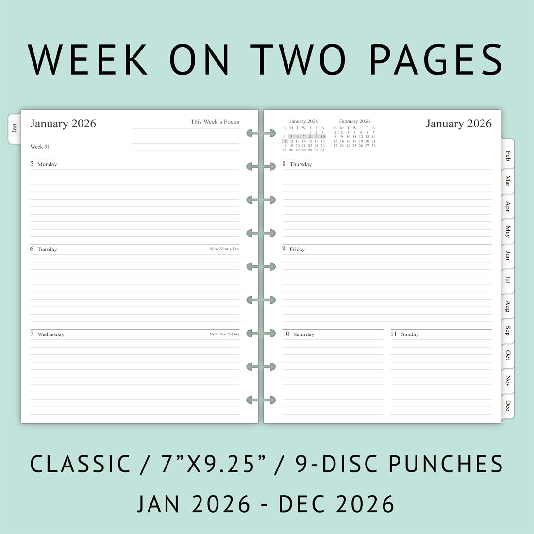 Amazon 2026 Weekly Planner Refills For Happy Planner Classic Notebook 9 Discs Punched Two Pages Per Week Jan 2026 To Dec 2026 7 X 9 1 4 Office Products