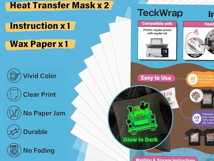 Amazon TECKWRAP Printable Heat Transfer Paper For T Shirts 10 Sheets 8 3 X 11 7 Printable Heat Transfer Vinyl For Inkjet Printer Iron On Transfer Paper For Light And Dark Fabric Glow In