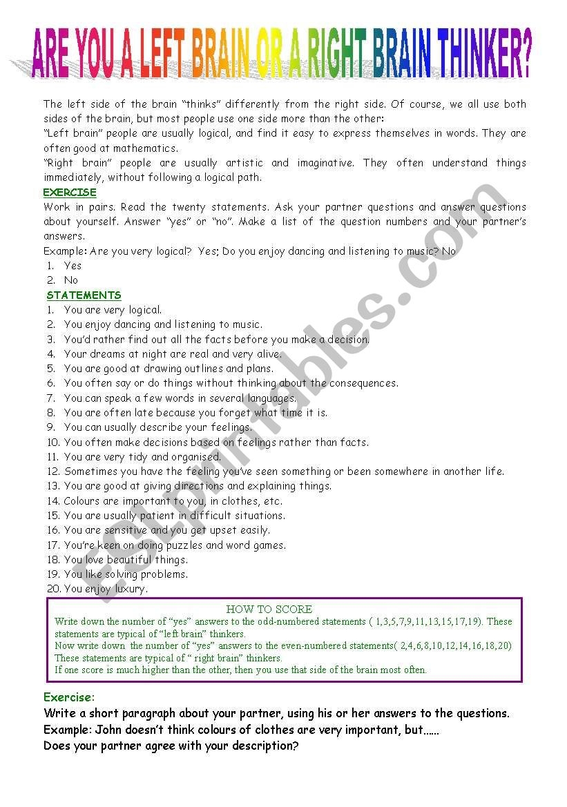 Left Brain Right Brain Quiz Printable Left Brain Right Brain Quiz Printable
