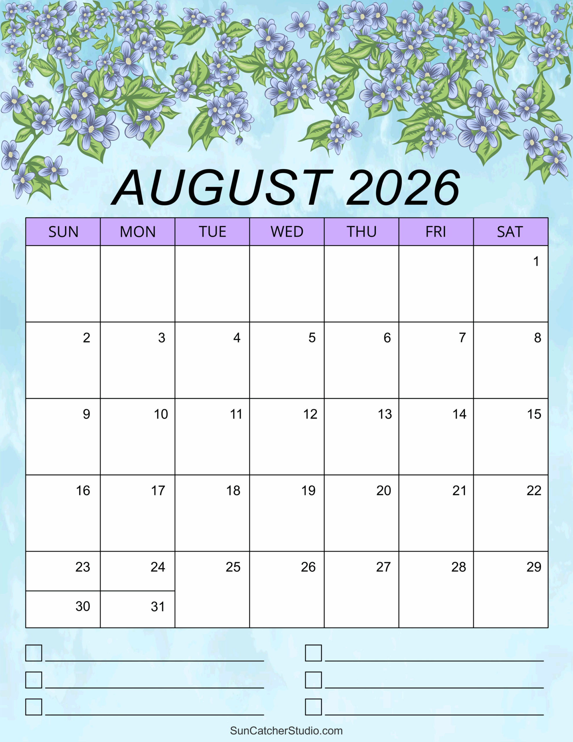 Calendar Printable August 2026 Weekly Planner