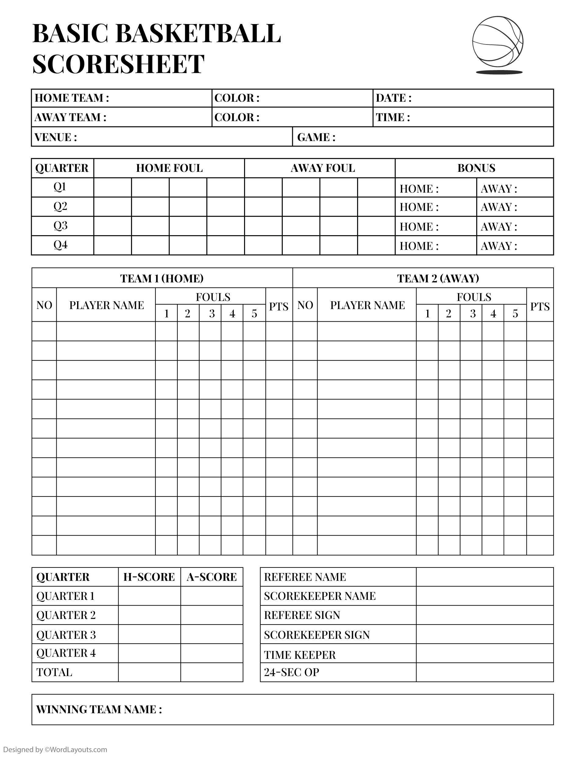 Printable Basketball Score Sheet