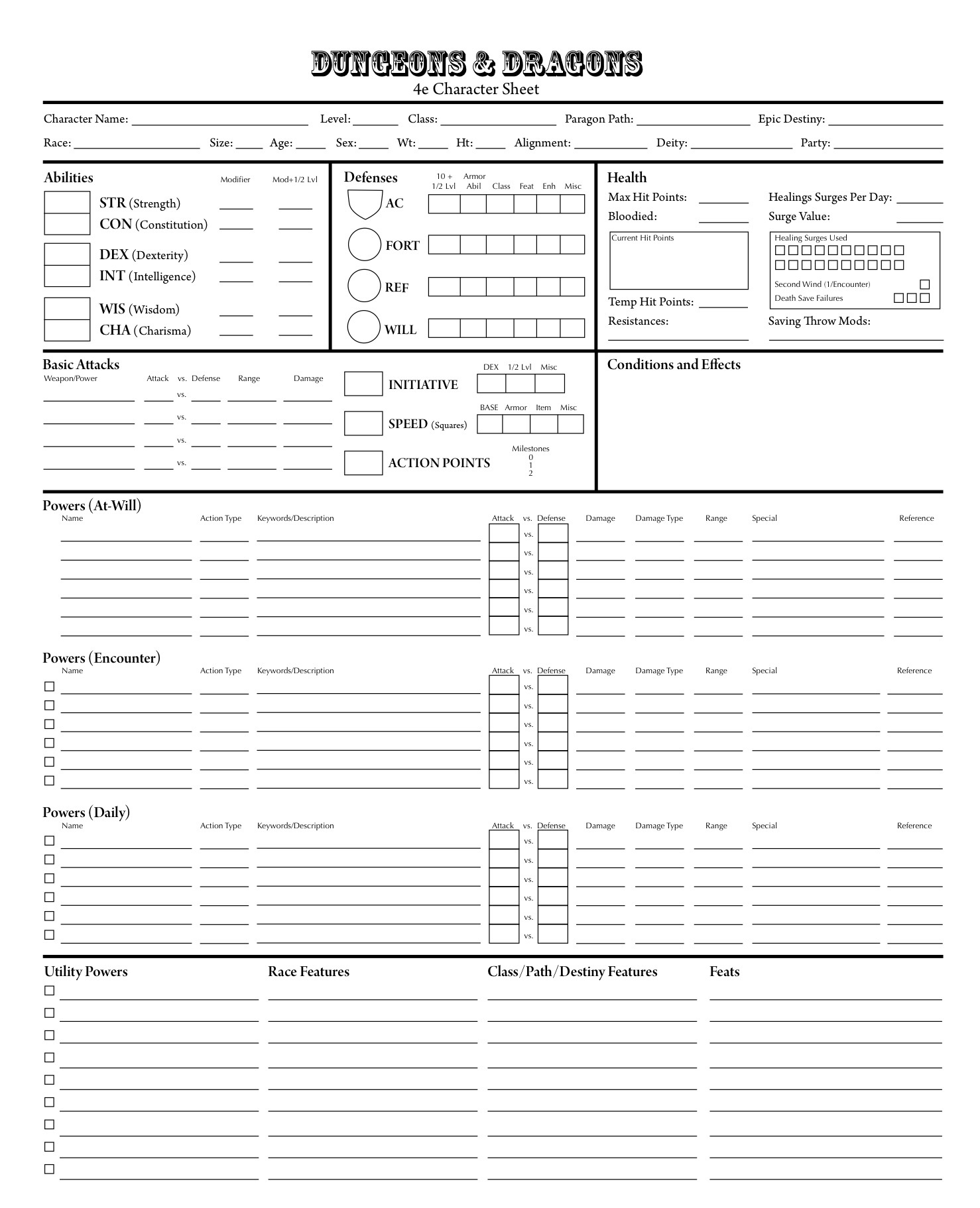 Character Sheets Printable 4.0 D &D