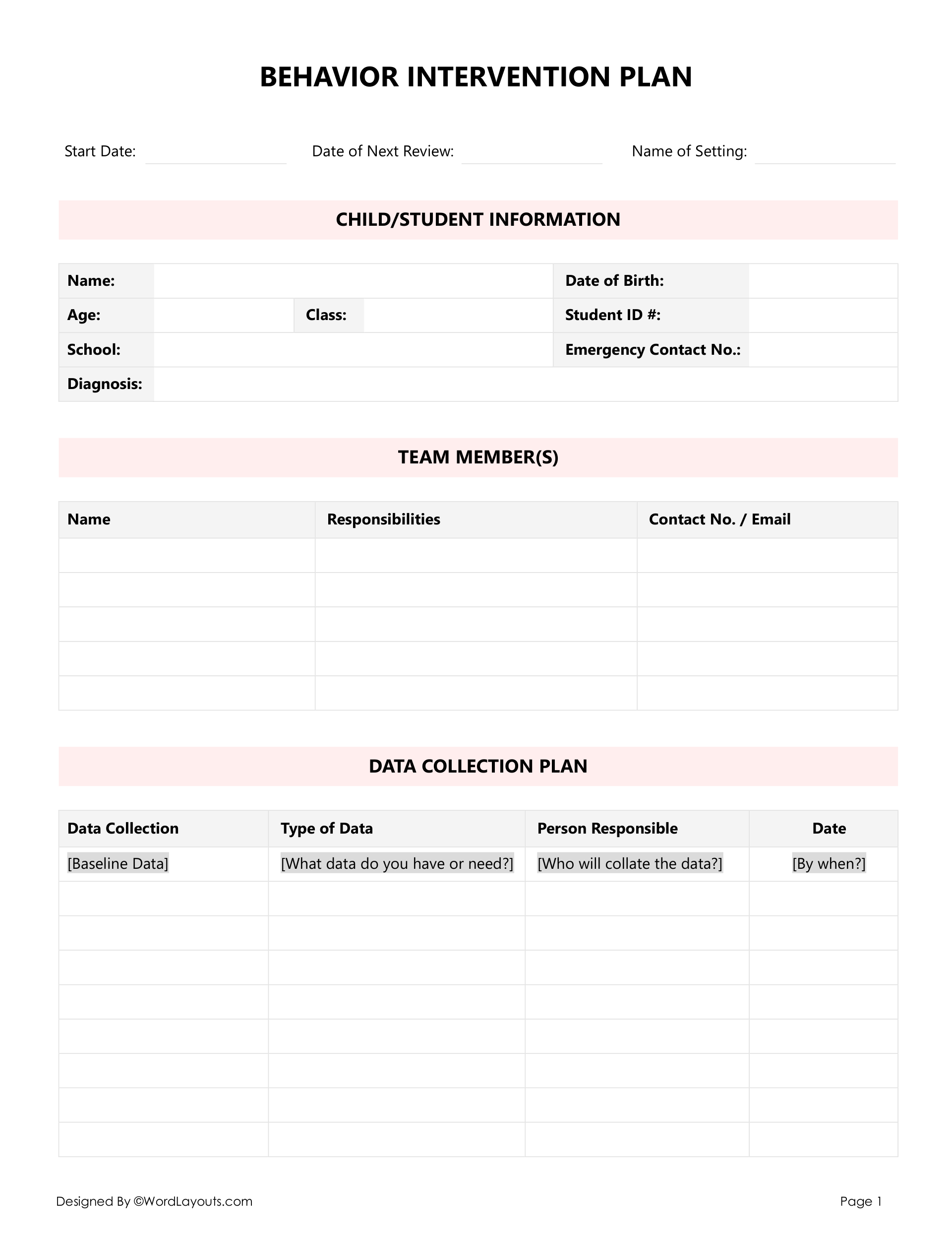 Behavior Intervention Plan BIP Free Template Behavior Intervention Plan BIP Free Template