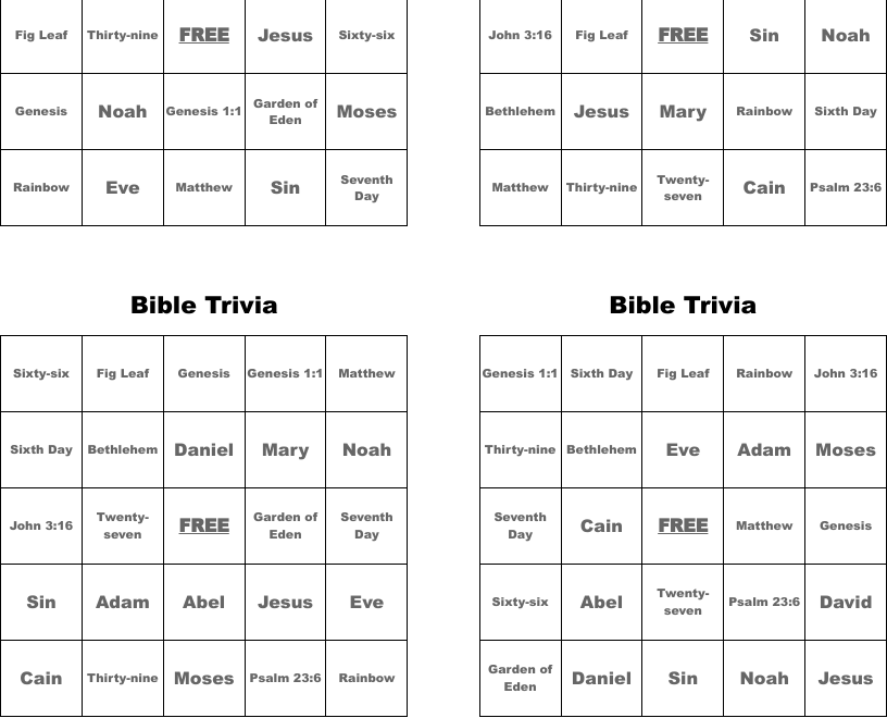 Bible Trivia Bingo Cards WordMint