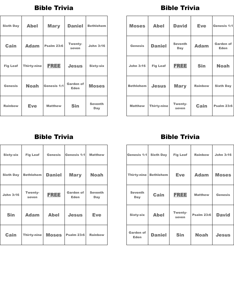 Bible Trivia Bingo Cards WordMint Bible Trivia Bingo Cards WordMint