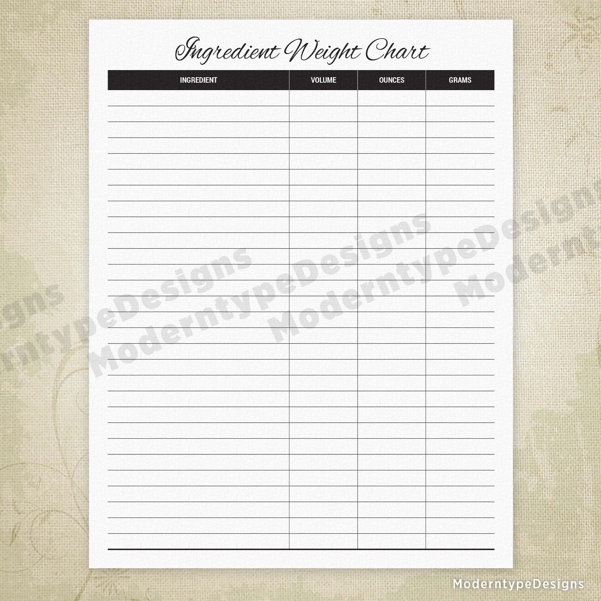 Printable Ngredient Weight Chart