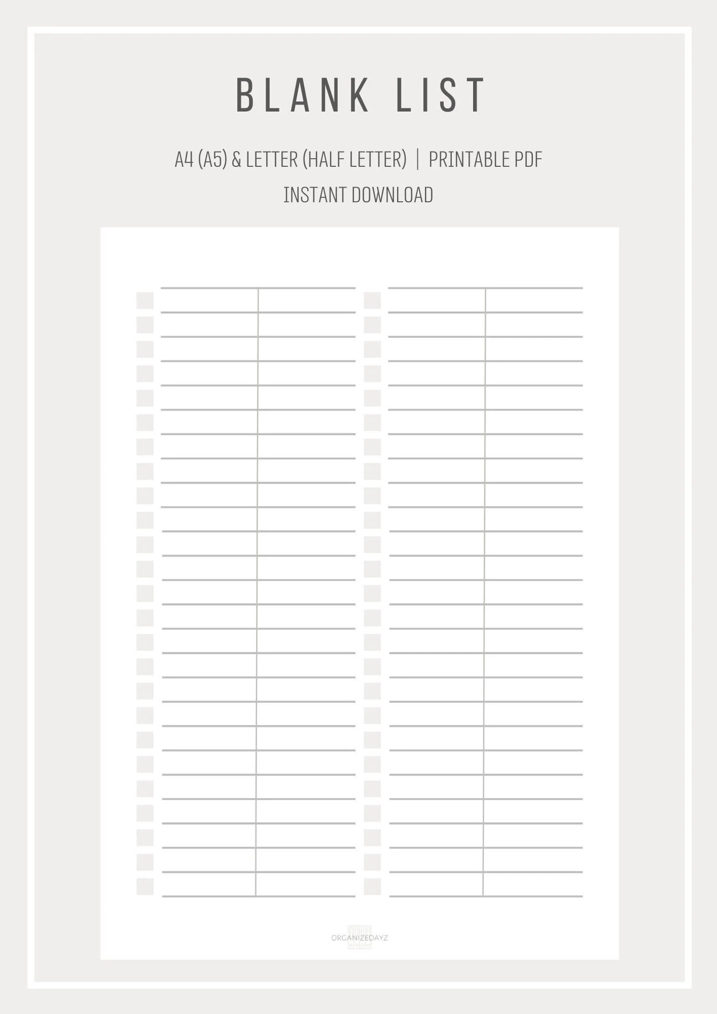 Blank List Simple List Template Printable List Digital List Two Divided Columns A4 And Letter Size Printable PDF Etsy