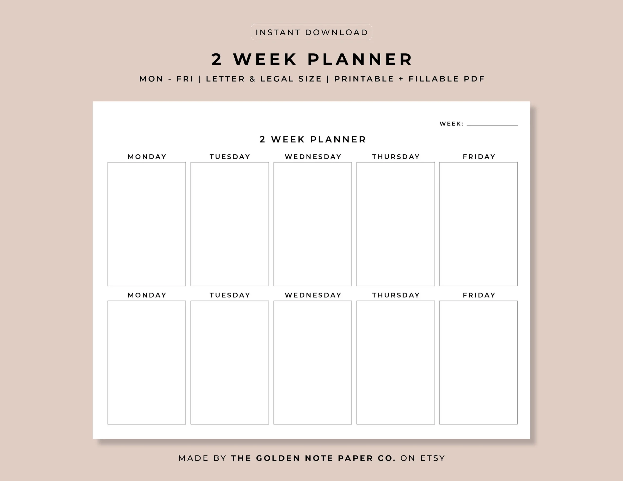 Blank Minimalistic 2 Week Planner Printable Landscape Schedule Calendar Weekly Organizer Office Planner Desk Planner Letter Legal A4 Etsy