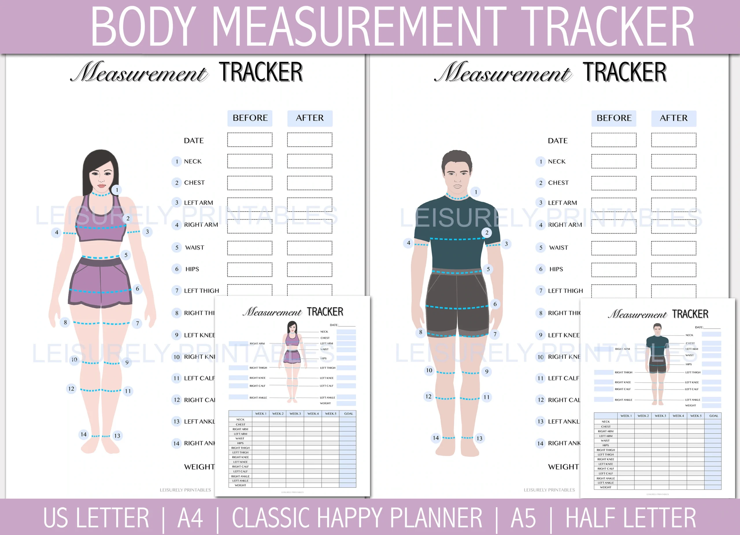 Body Measurement Tracker Weight Loss Tracker Printable Male And Female PDF US Letter Classic Happy Planner A4 A5 Half Letter Etsy
