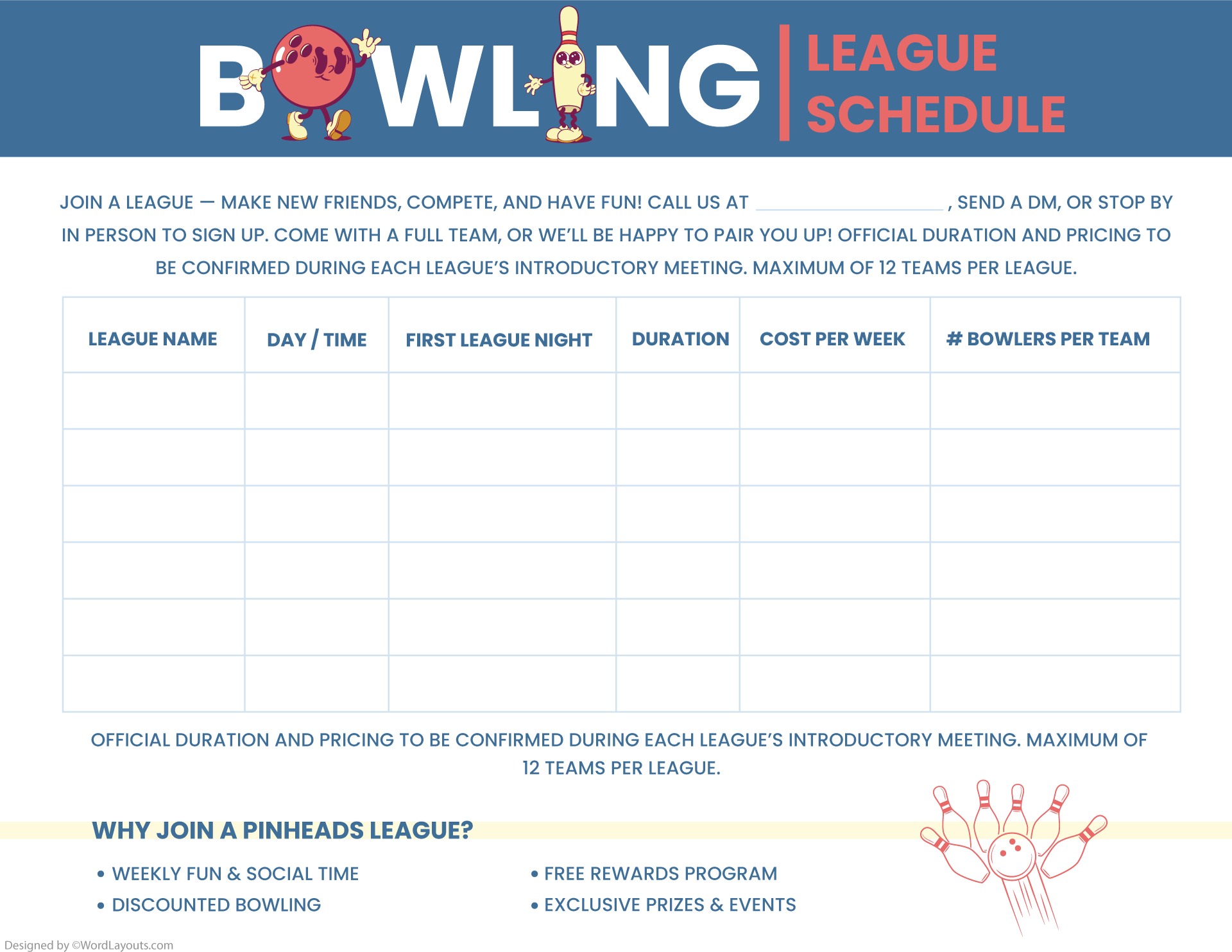 Bowling League Schedule Sheet Template WordLayouts