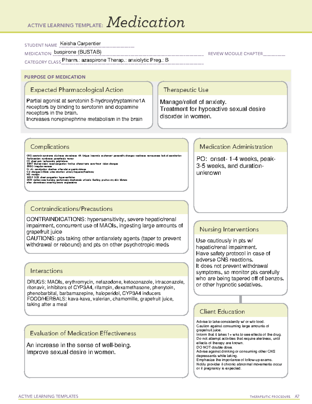 Buspirone ATI Med Card ACTIVE LEARNING TEMPLATES THERAPEUTIC PROCEDURE A Medication STUDENT NAME Studocu Buspirone ATI Med Card ACTIVE LEARNING TEMPLATES THERAPEUTIC PROCEDURE A Medication STUDENT NAME Studocu