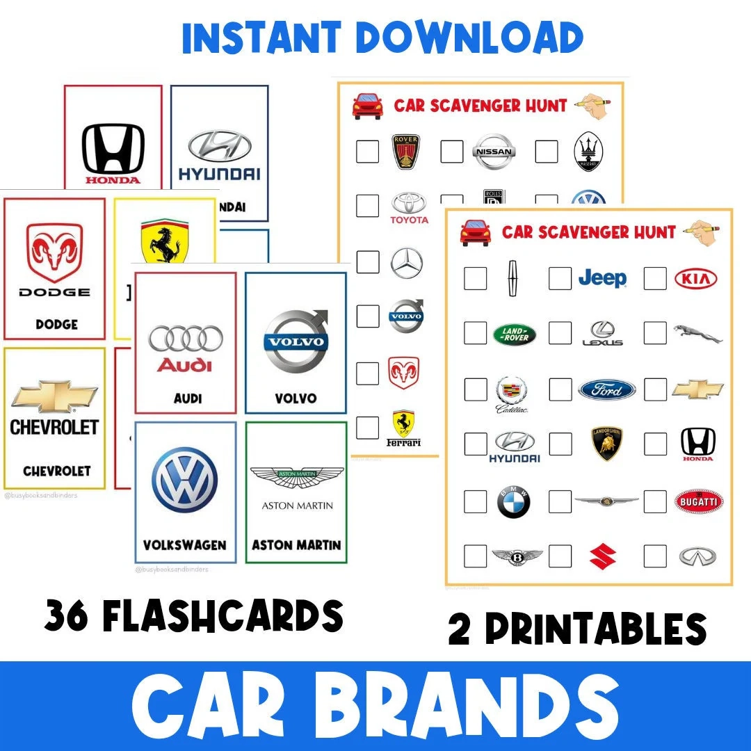 Car Brands Cars Flashcards Scavenger Hunt I Spy Printables For Kids Printable Games Transportation STEM Science Community
