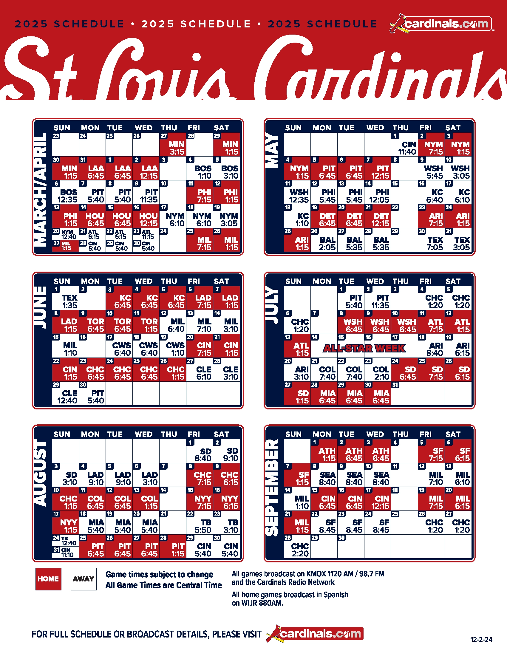 Cardinals Schedule 2026 Printable